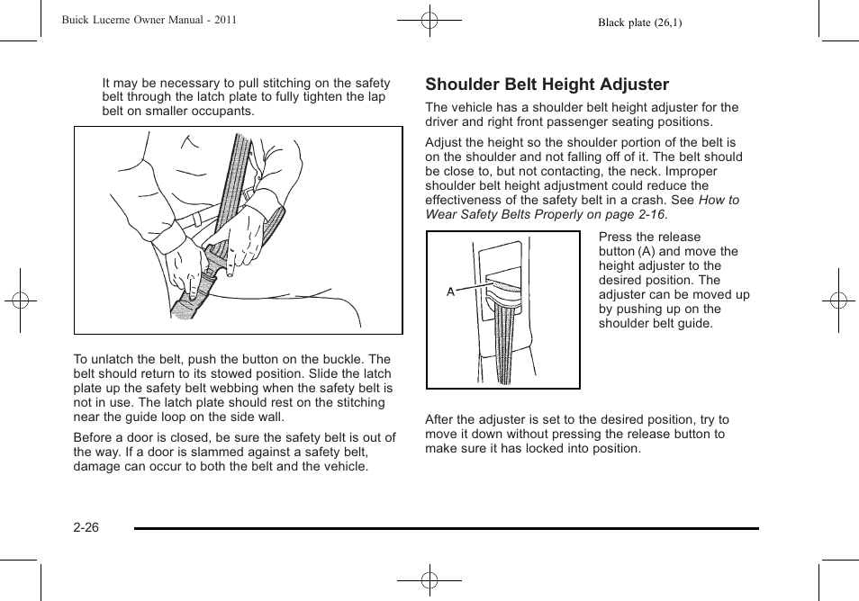 Shoulder belt height adjuster | Buick 2011 Lucerne User Manual | Page 58 / 446