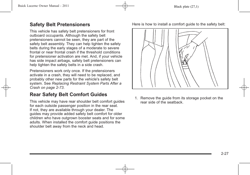 Safety belt pretensioners, Rear safety belt comfort guides | Buick 2011 Lucerne User Manual | Page 59 / 446