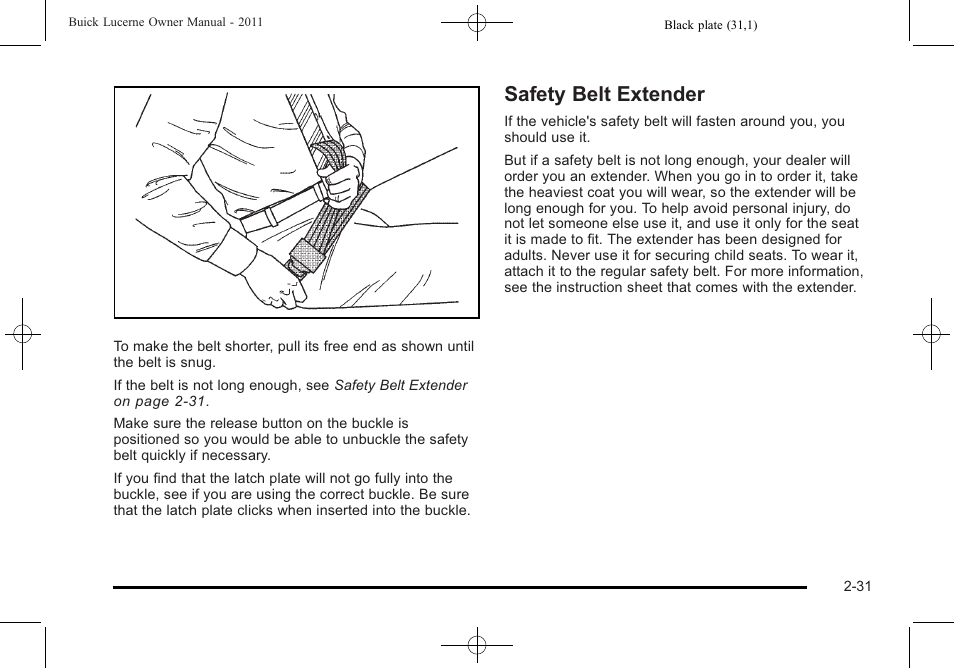 Safety belt extender, Safety belt extender -31 | Buick 2011 Lucerne User Manual | Page 63 / 446