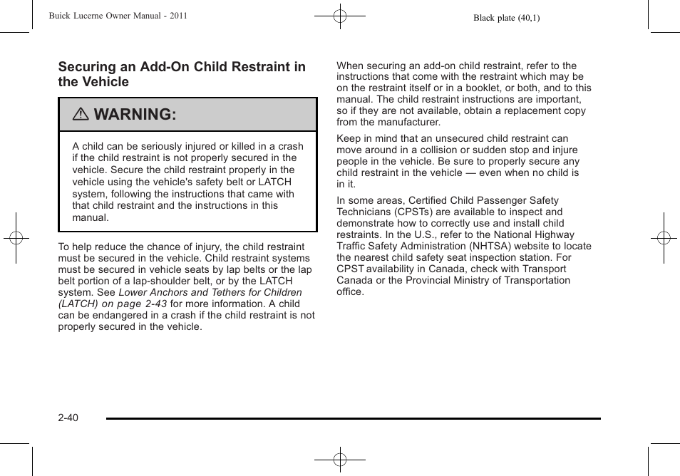 Warning | Buick 2011 Lucerne User Manual | Page 72 / 446