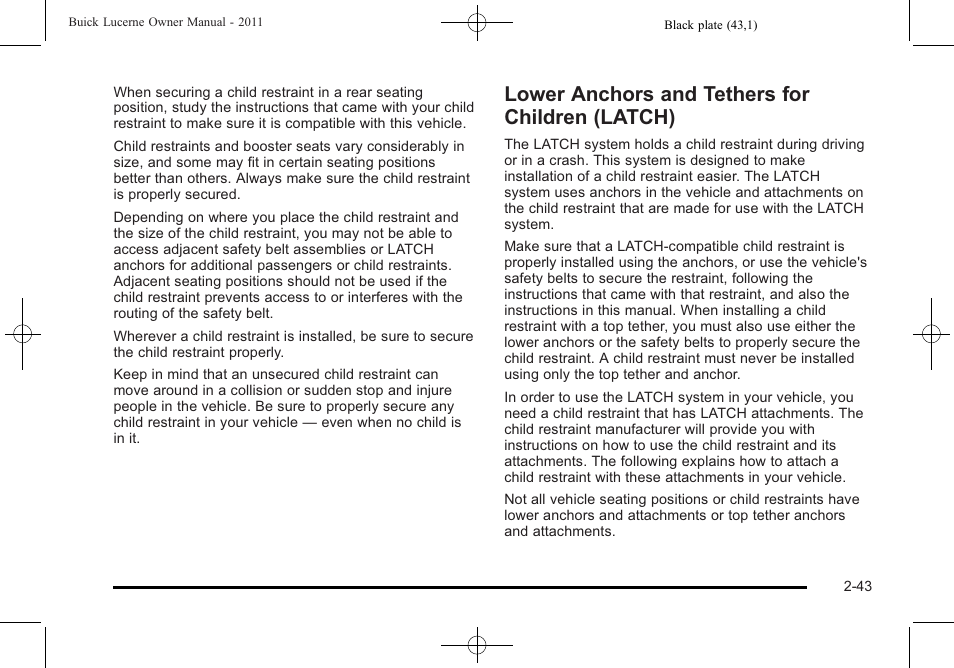 Lower anchors and tethers for children (latch), Lower anchors and tethers for children, Latch) -43 | Buick 2011 Lucerne User Manual | Page 75 / 446