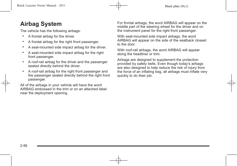 Airbag system, Airbag system -56 | Buick 2011 Lucerne User Manual | Page 88 / 446