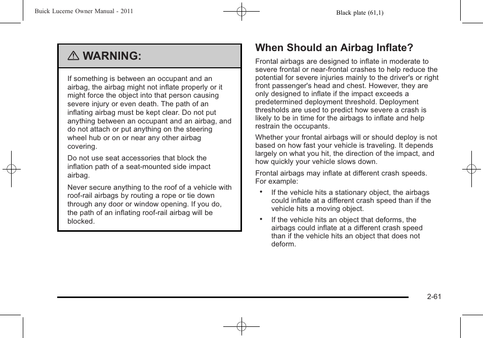 When should an airbag inflate, When should an airbag inflate? -61, Warning | Buick 2011 Lucerne User Manual | Page 93 / 446