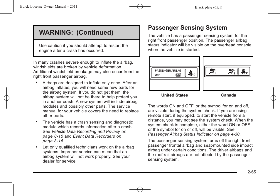 Passenger sensing system, Passenger sensing system -65, Passenger sensing | Warning: (continued) | Buick 2011 Lucerne User Manual | Page 97 / 446