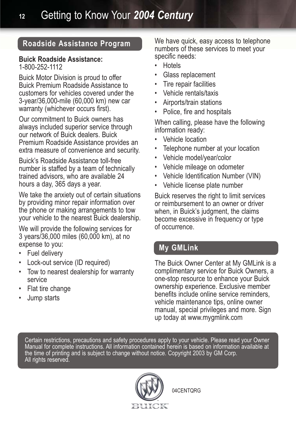 Getting to know your 2004 century | Buick Automobille 2004 Century User Manual | Page 12 / 12