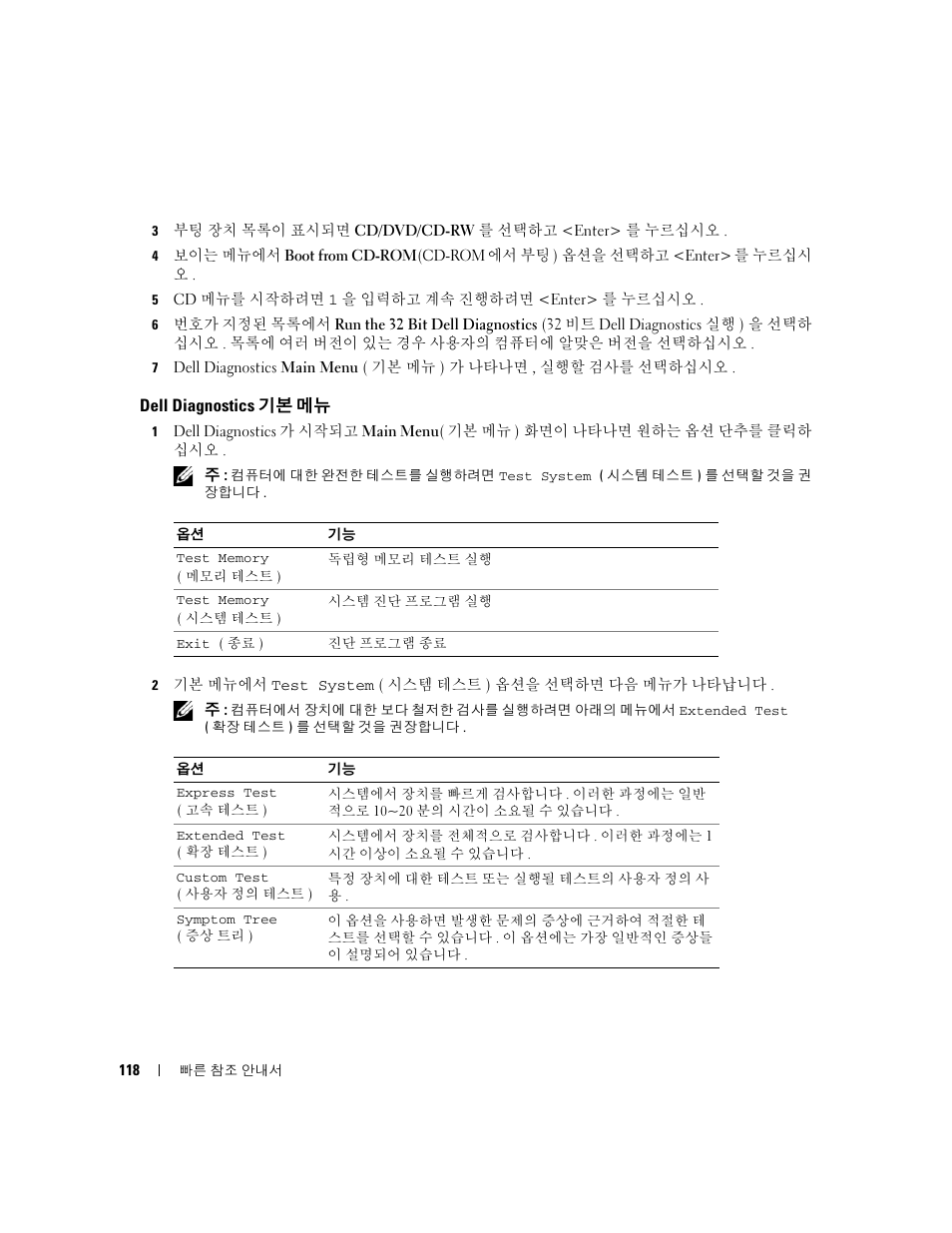 Dell diagnostics 기본 메뉴, Dell diagnostics, 기본 메뉴 | Dell Latitude D830 (Early 2007) User Manual | Page 118 / 122