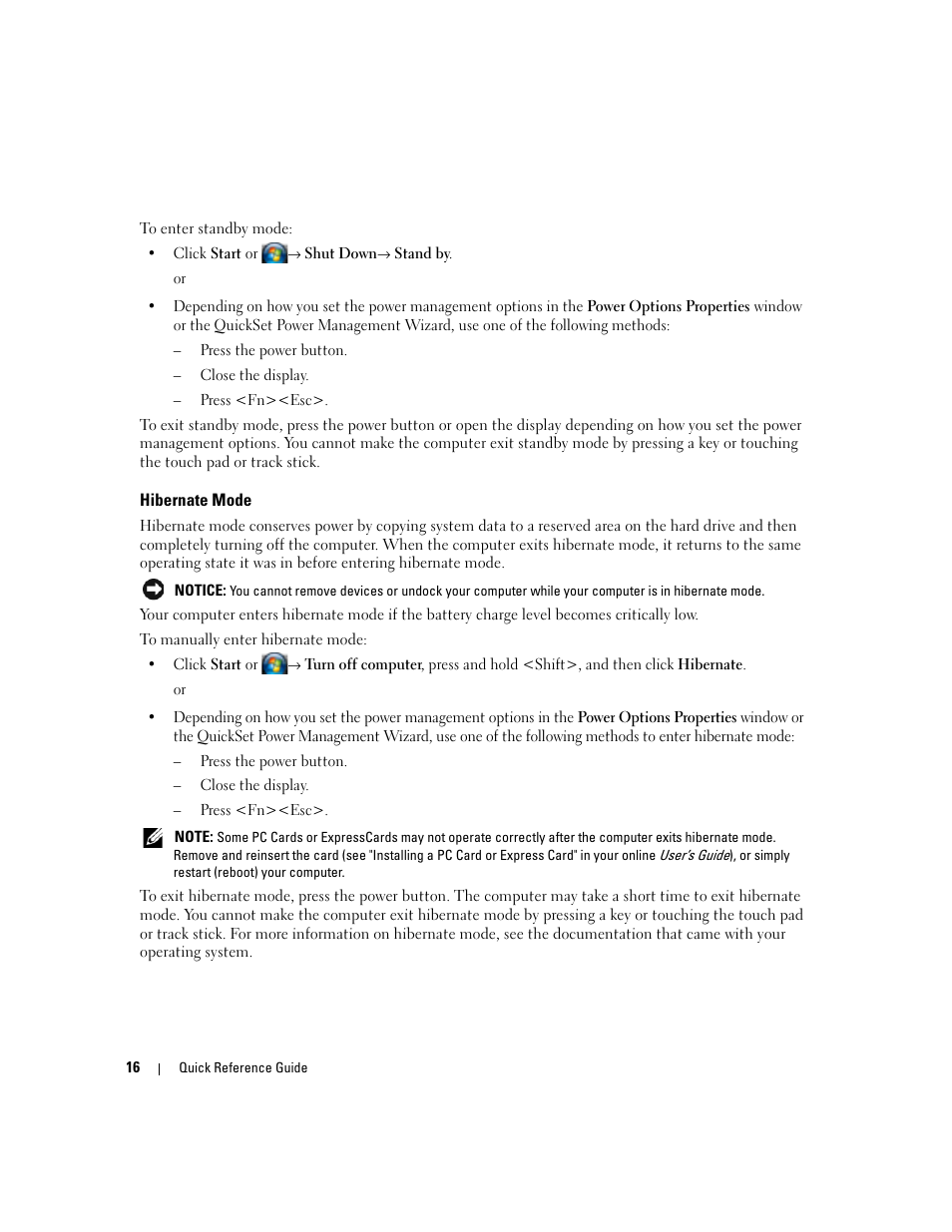 Hibernate mode | Dell Latitude D830 (Early 2007) User Manual | Page 16 / 122