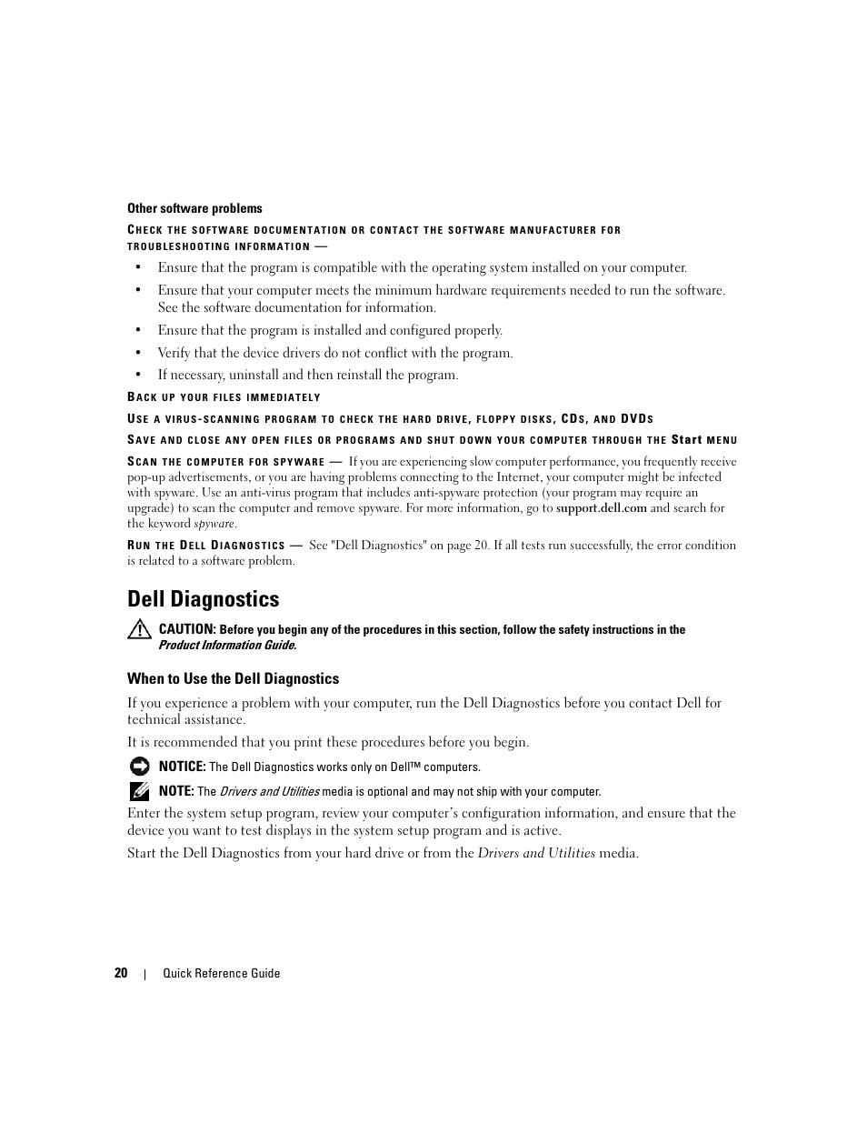 Dell diagnostics, When to use the dell diagnostics | Dell Latitude D830 (Early 2007) User Manual | Page 20 / 122