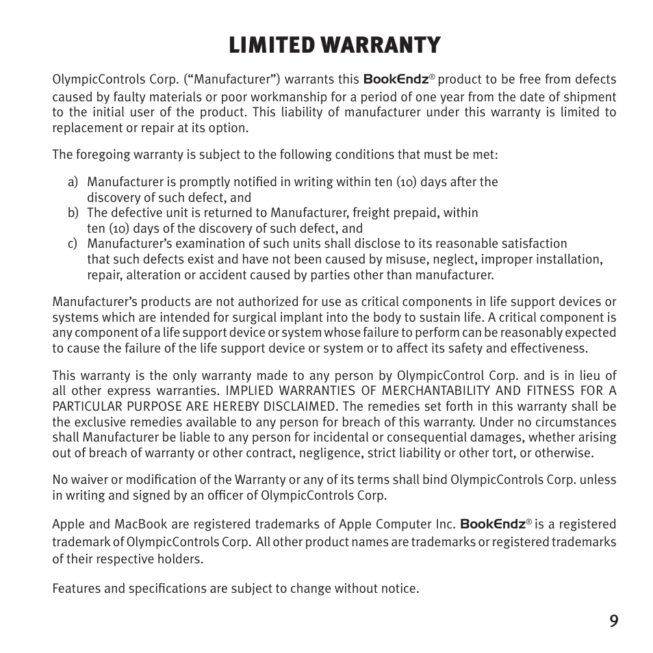 Limited warranty | Bookendz BE-10369 User Manual | Page 9 / 12