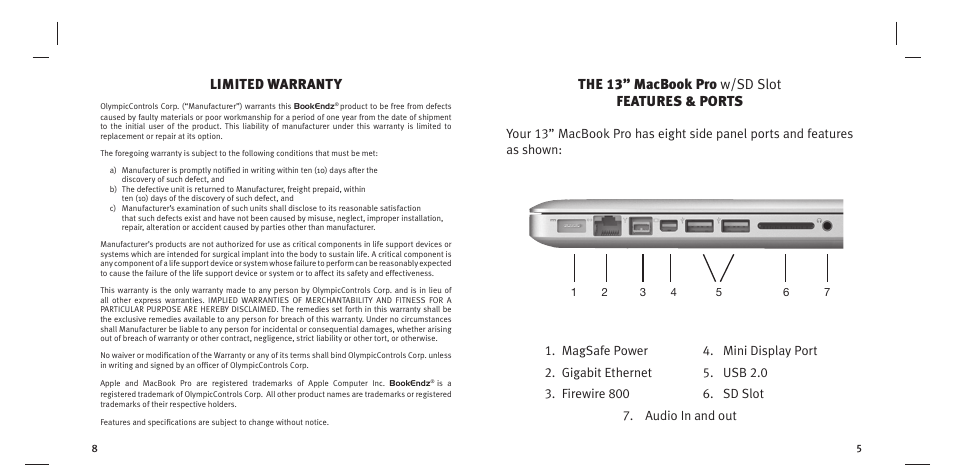 The 13” macbook pro w/sd slot features & ports, Limited warranty | Bookendz BE-10359 User Manual | Page 5 / 12