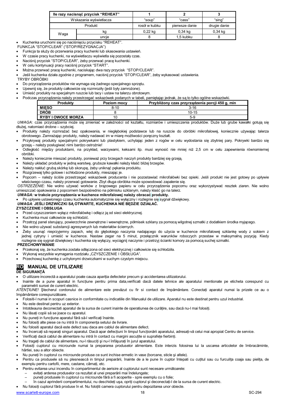 Ro manual de utilizare | Scarlett SC-294 User Manual | Page 18 / 45