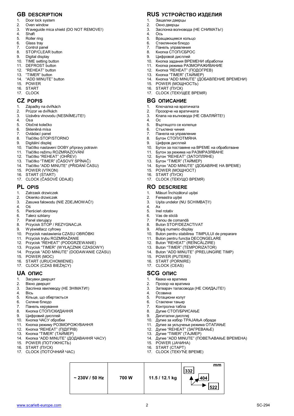 Ua scg | Scarlett SC-294 User Manual | Page 2 / 45