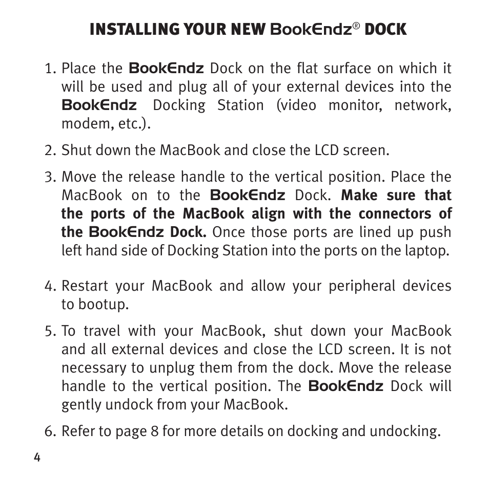 Installing your new bookendz, Dock | Bookendz BE-10332 User Manual | Page 4 / 12