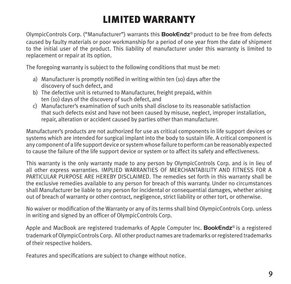 Limited warranty | Bookendz BE-10332 User Manual | Page 9 / 12
