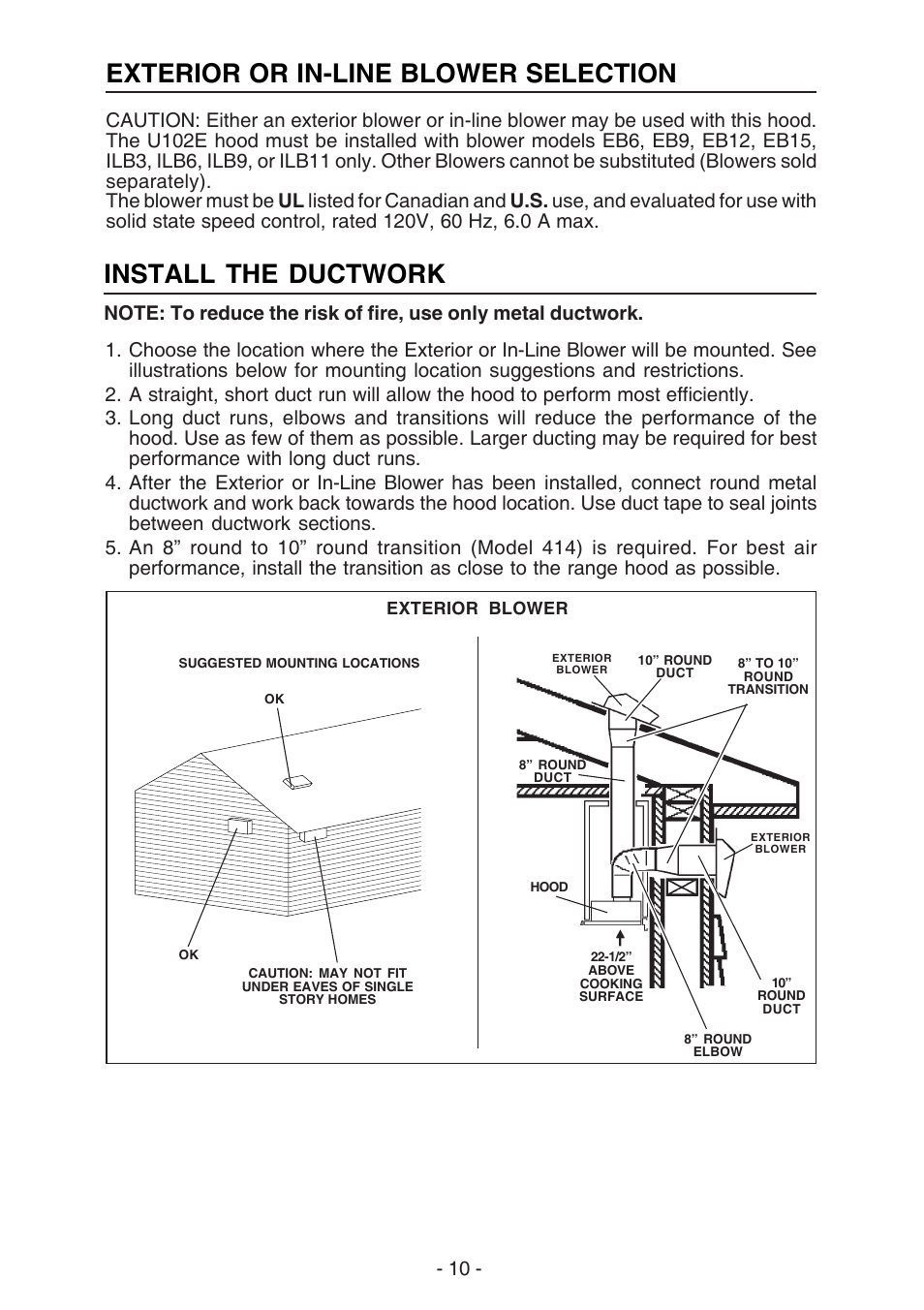 Install the ductwork, Exterior or in-line blower selection | Best U102E User Manual | Page 10 / 44