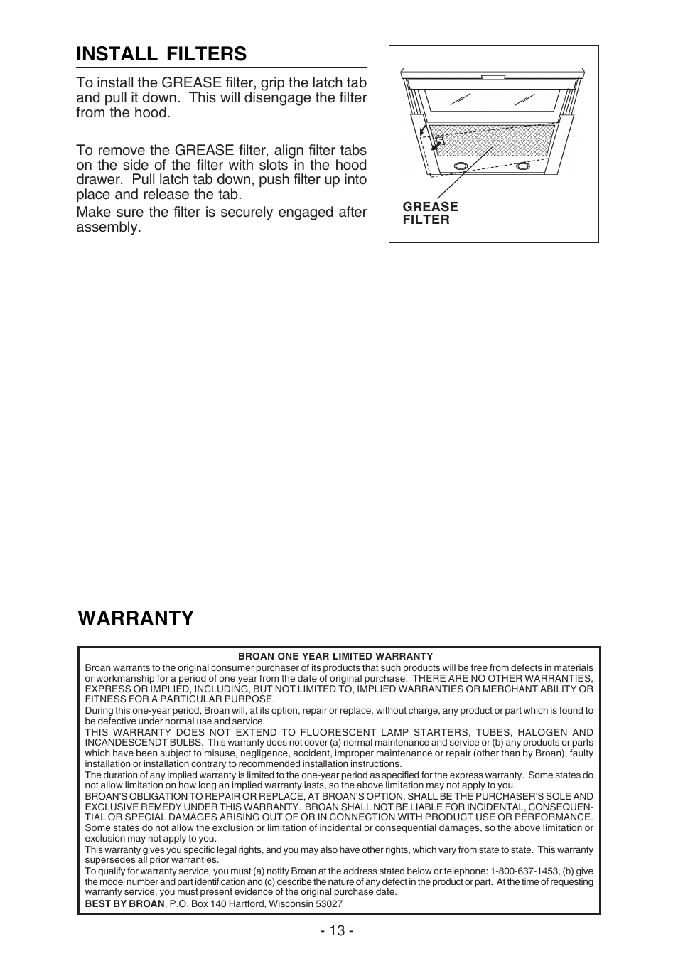 Warranty, Install filters | Best U102E User Manual | Page 13 / 44