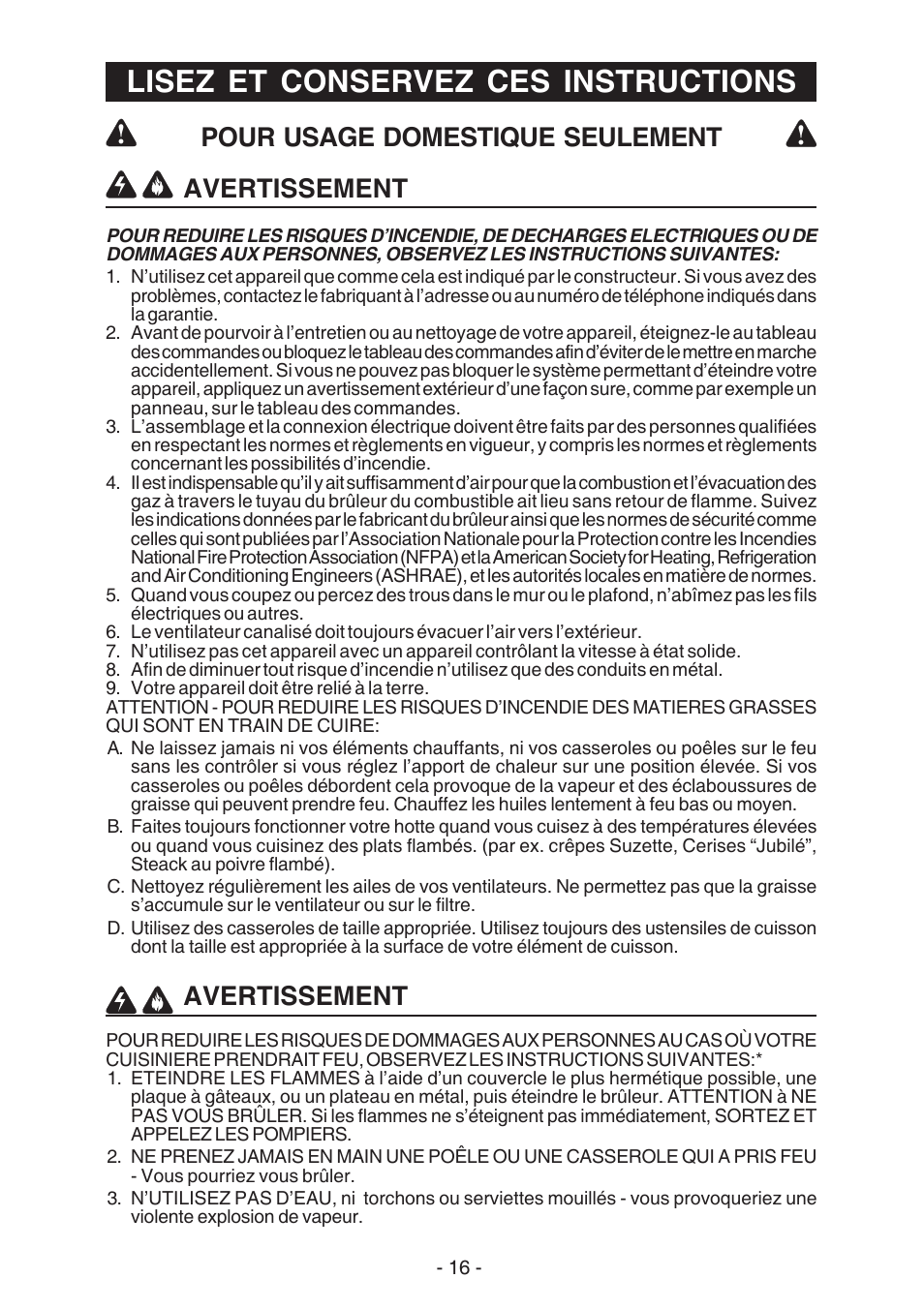 Lisez et conservez ces instructions, Avertissement, Pour usage domestique seulement | Best U102E User Manual | Page 16 / 44