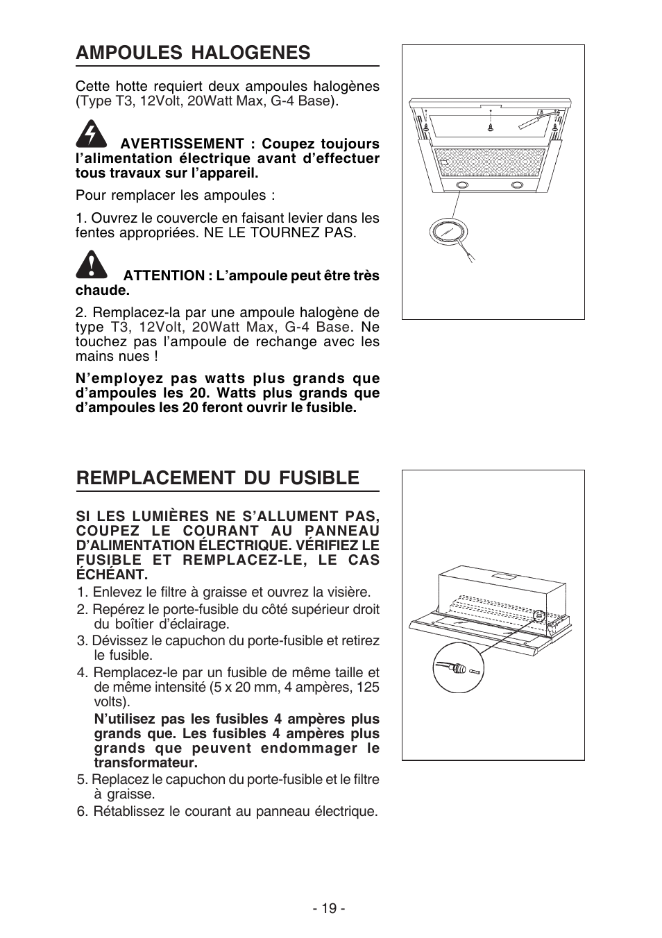 Remplacement du fusible, Ampoules halogenes | Best U102E User Manual | Page 19 / 44