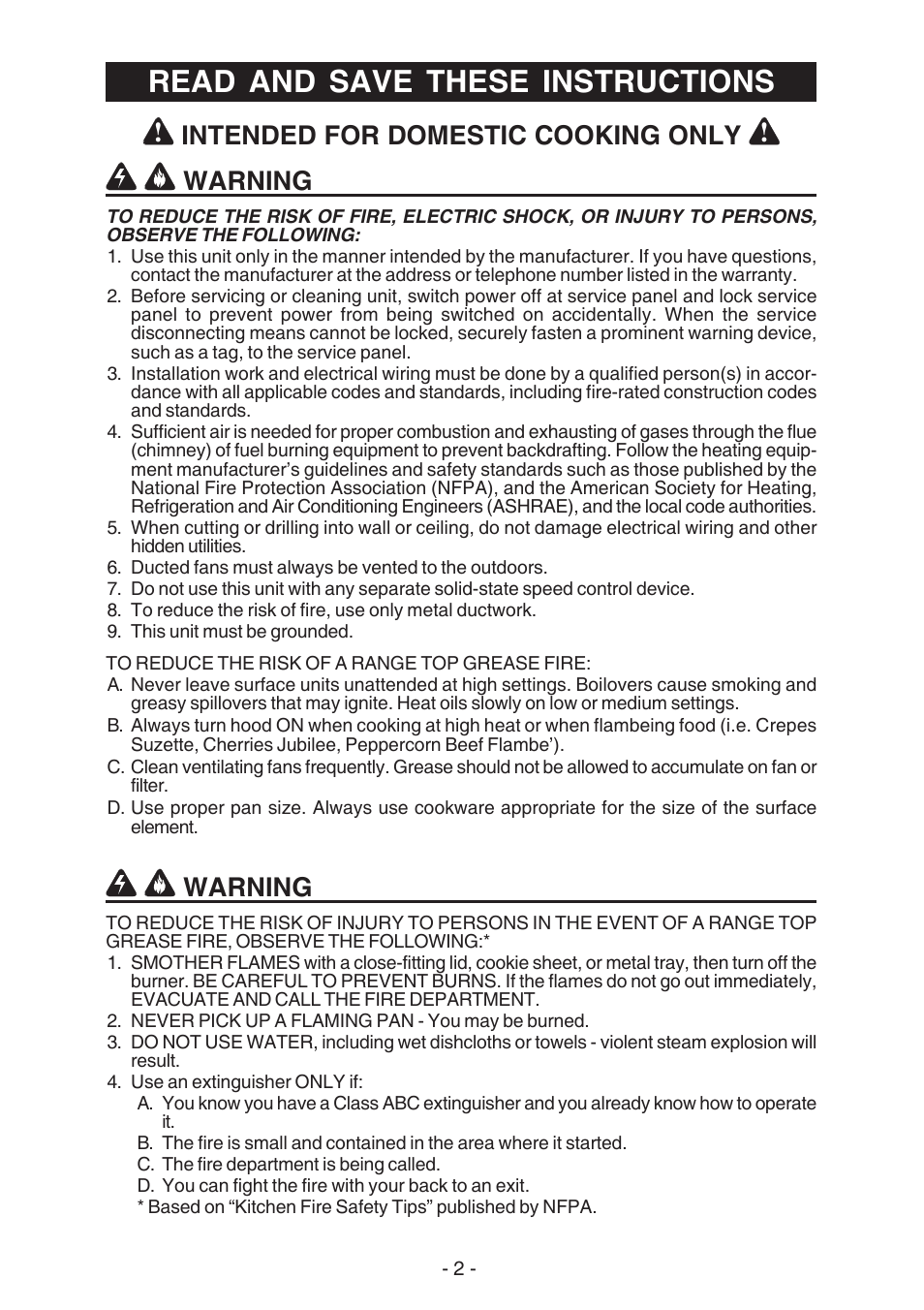 Read and save these instructions, Warning, Intended for domestic cooking only | Best U102E User Manual | Page 2 / 44