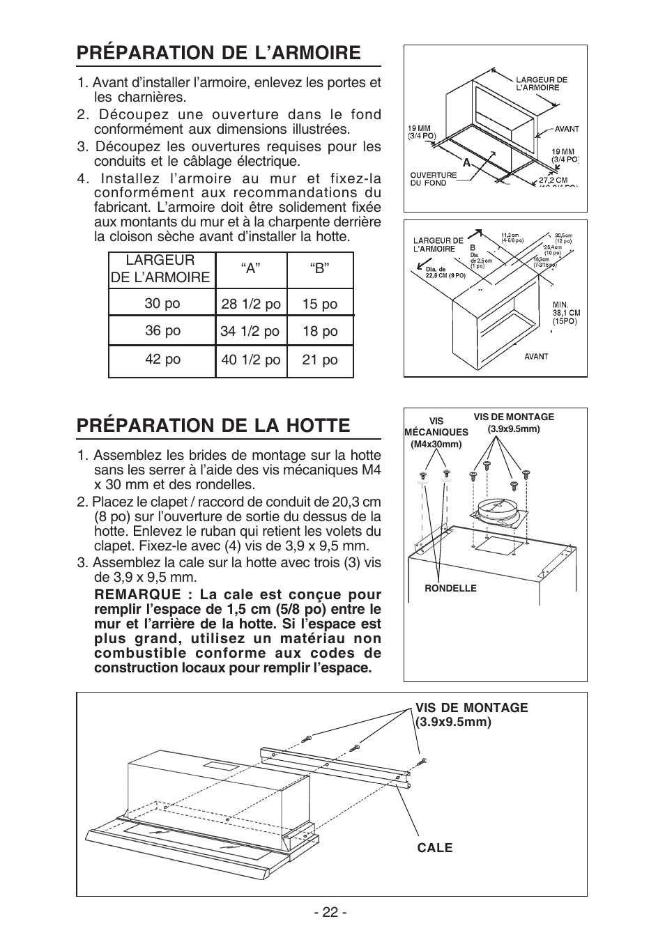 Préparation de l’armoire, Préparation de la hotte | Best U102E User Manual | Page 22 / 44