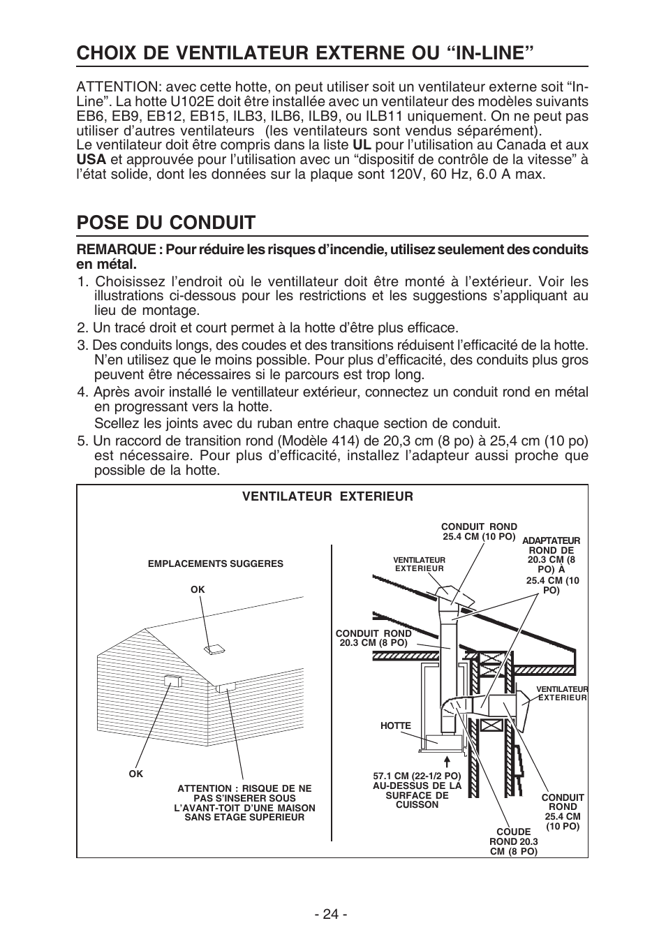 Pose du conduit, Choix de ventilateur externe ou “in-line | Best U102E User Manual | Page 24 / 44