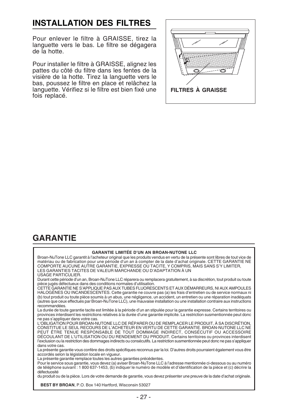 Installation des filtres, Garantie | Best U102E User Manual | Page 27 / 44