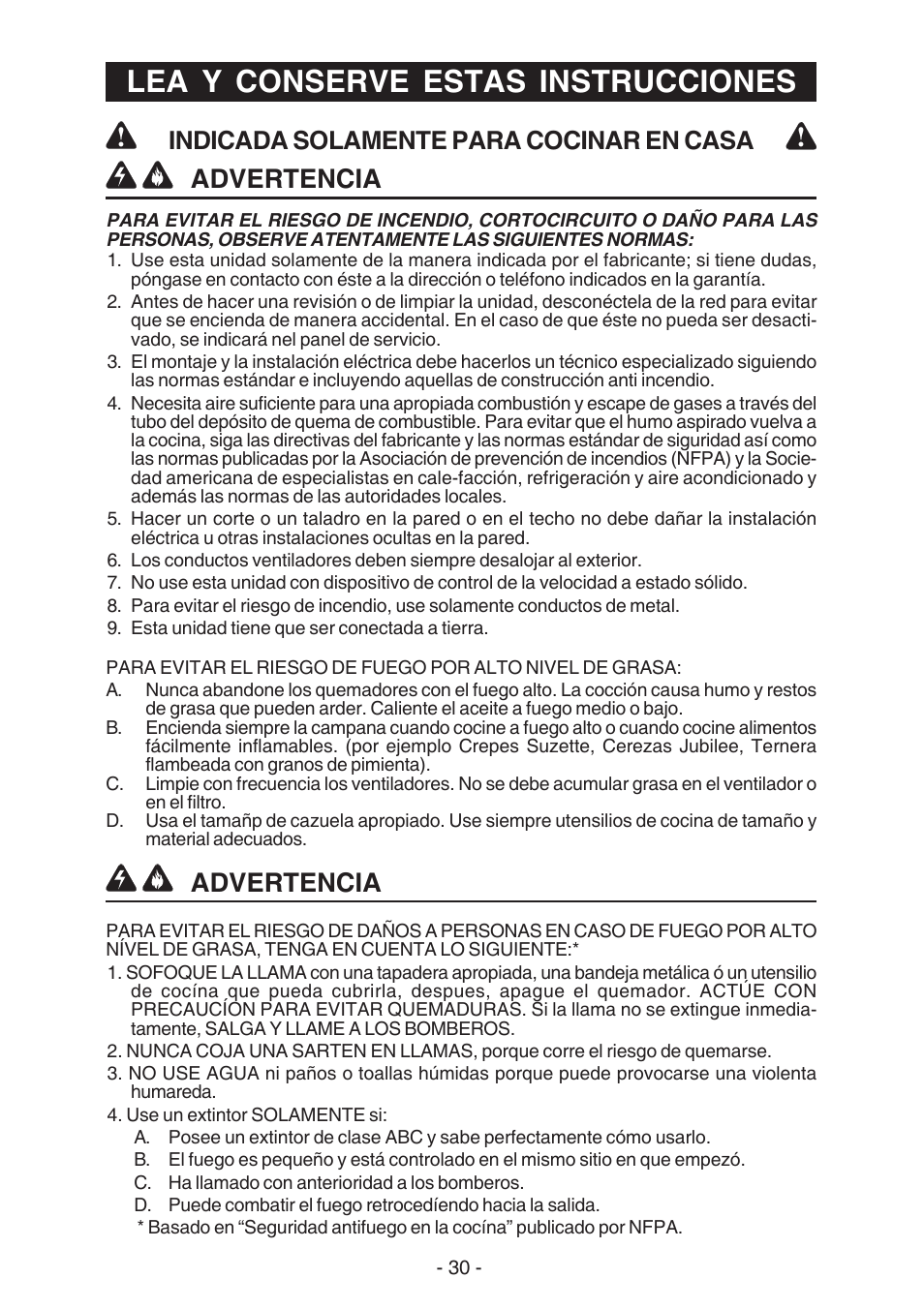 Lea y conserve estas instrucciones, Advertencia, Indicada solamente para cocinar en casa | Best U102E User Manual | Page 30 / 44