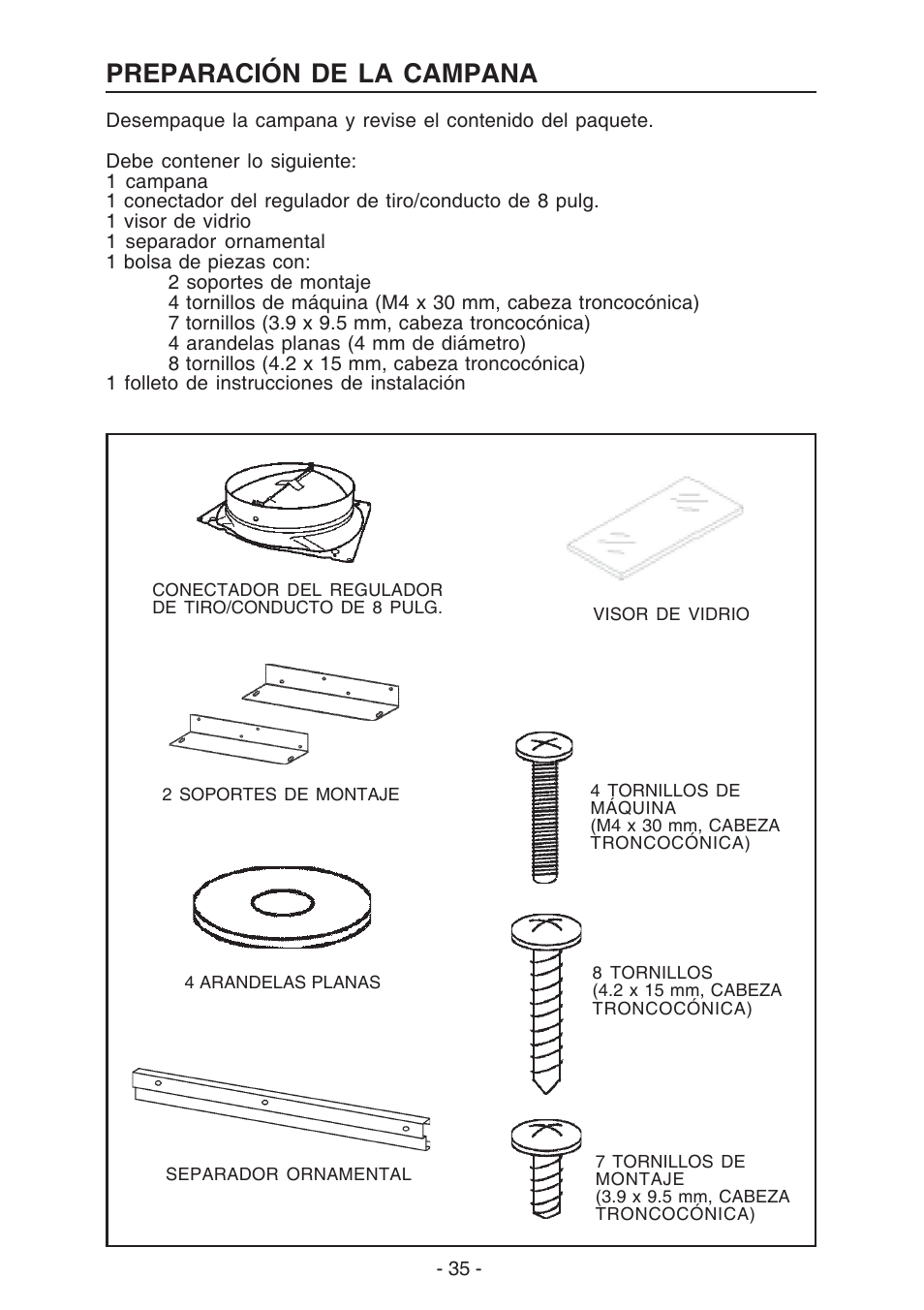 Preparación de la campana | Best U102E User Manual | Page 35 / 44