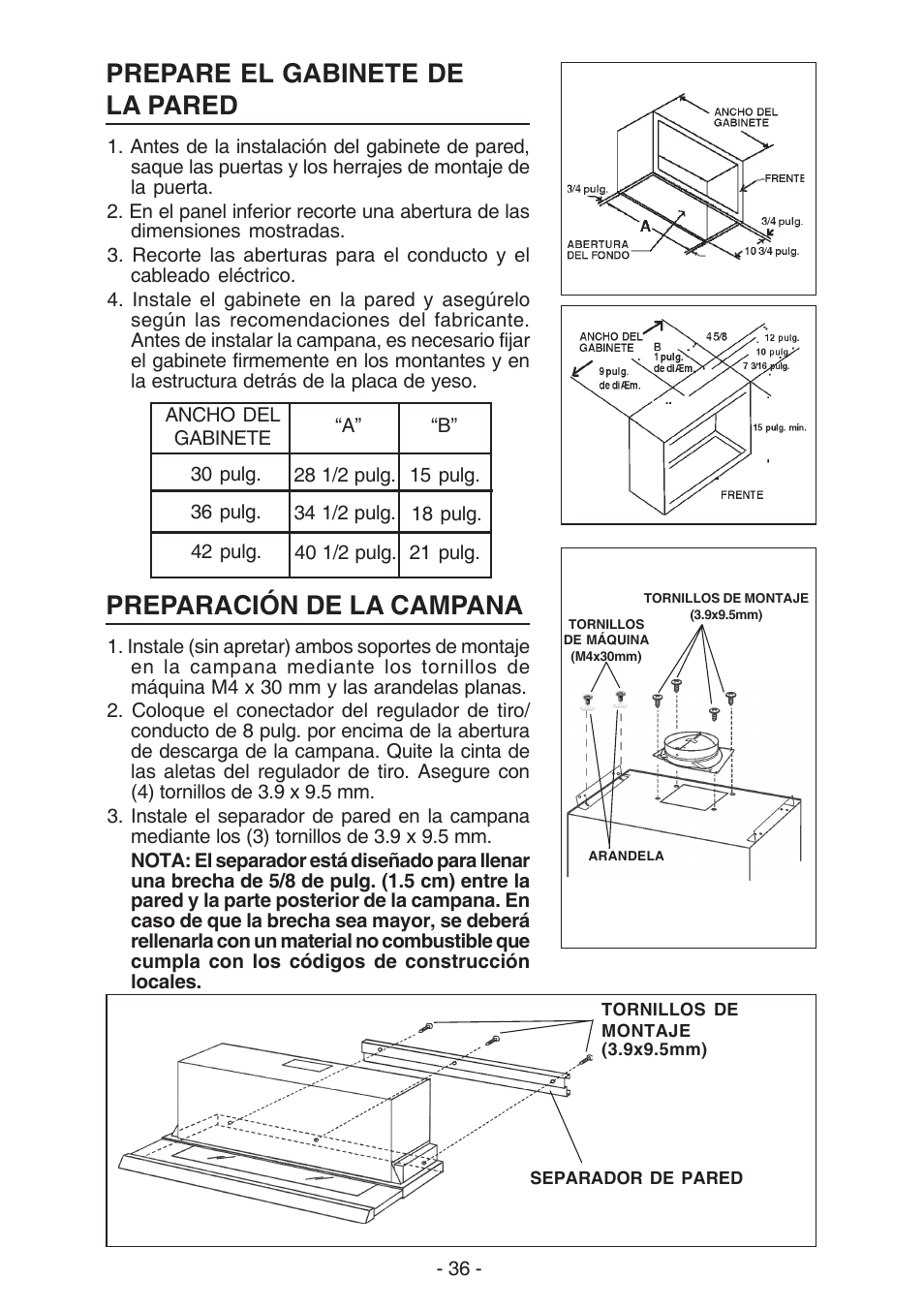 Prepare el gabinete de la pared, Preparación de la campana | Best U102E User Manual | Page 36 / 44