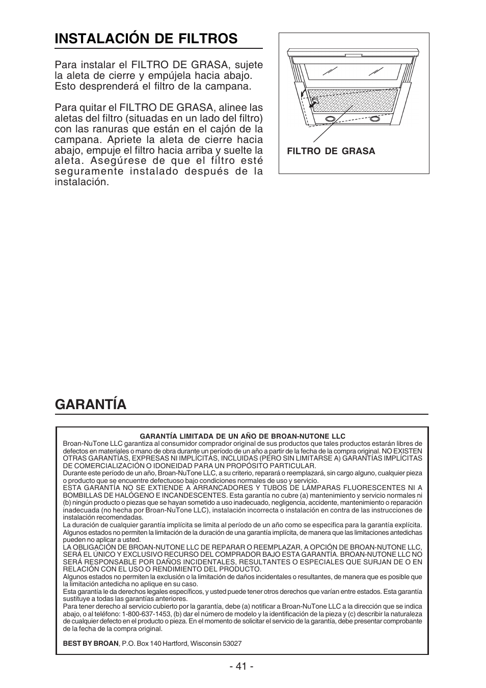 Instalación de filtros, Garantía | Best U102E User Manual | Page 41 / 44