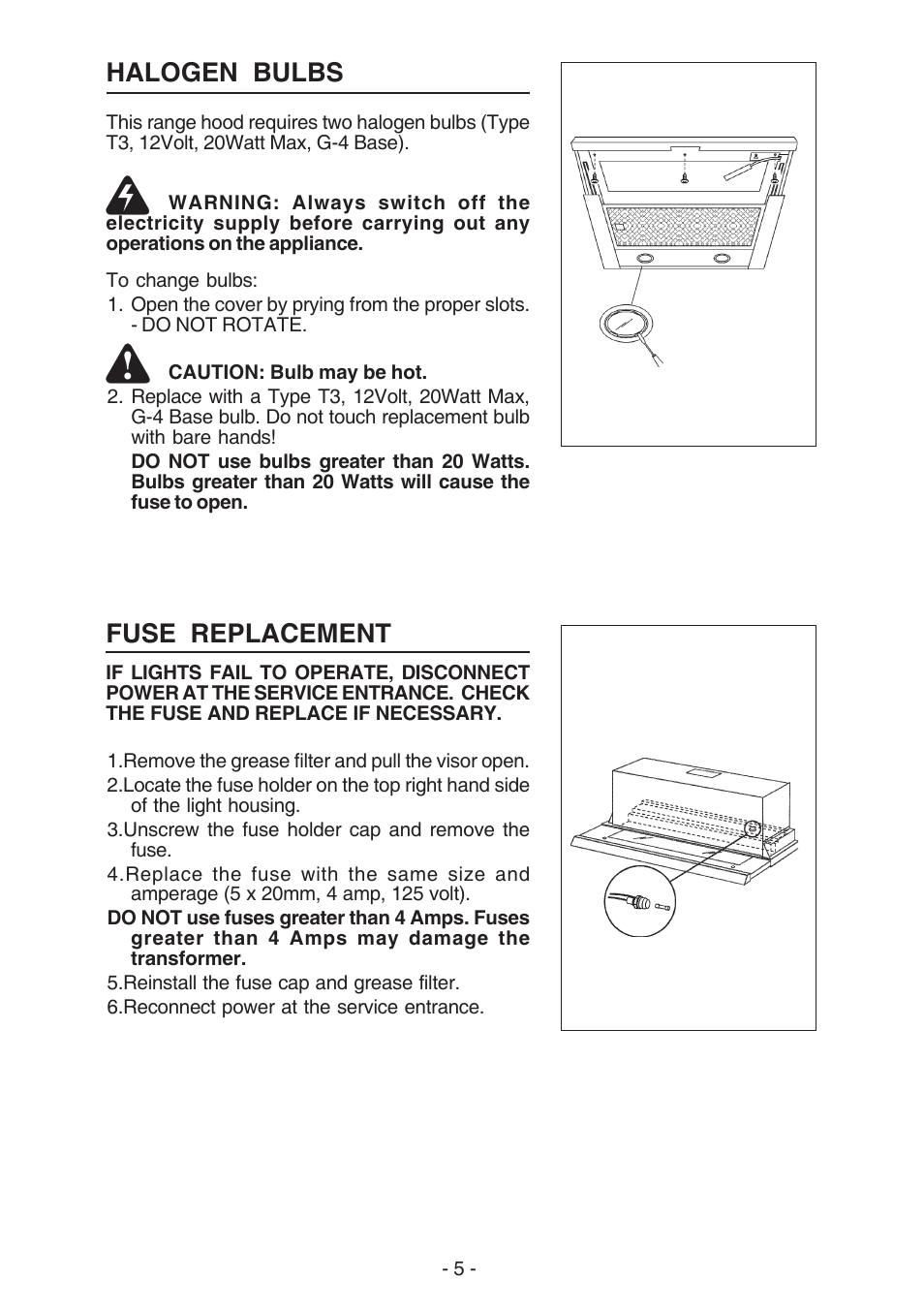 Fuse replacement, Halogen bulbs | Best U102E User Manual | Page 5 / 44