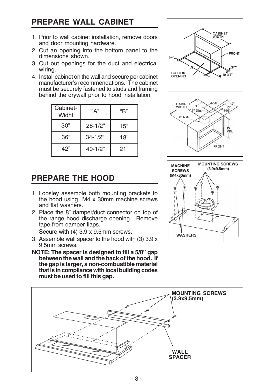 Prepare wall cabinet, Prepare the hood | Best U102E User Manual | Page 8 / 44