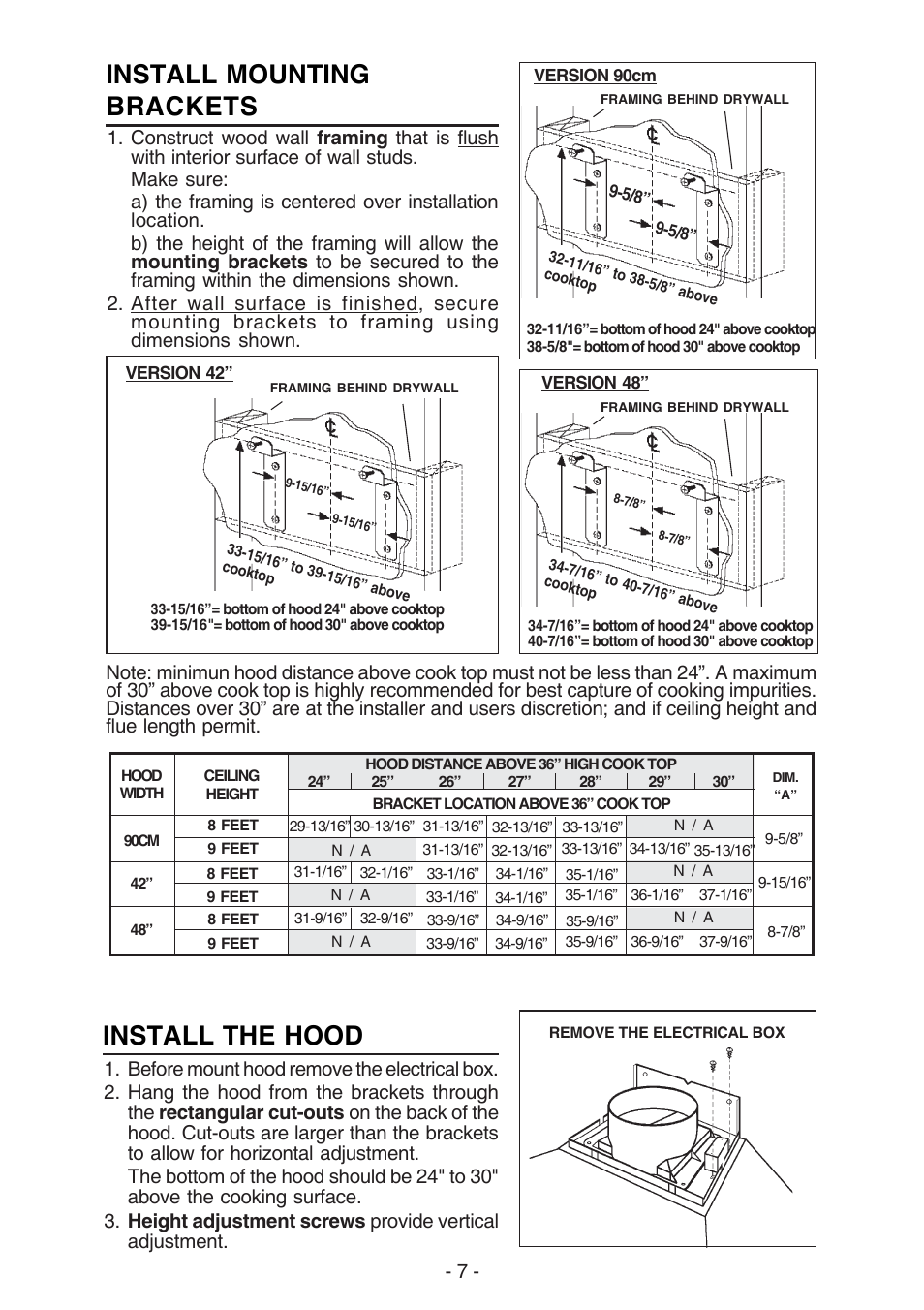 Install mounting brackets, Install the hood | Best KER222 User Manual | Page 7 / 36