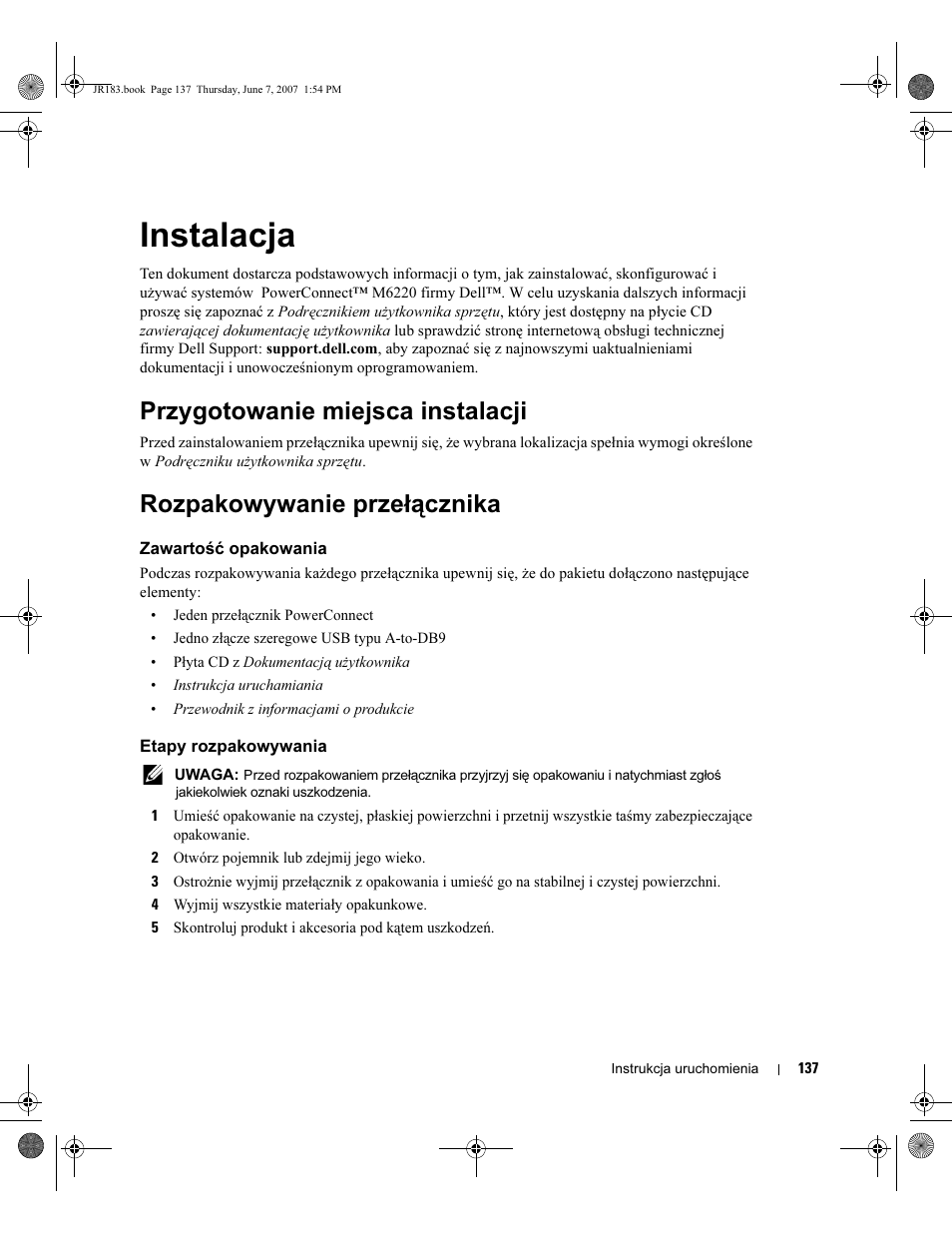 Instalacja, Przygotowanie miejsca instalacji, Rozpakowywanie przełącznika | Dell POWEREDGE M905 User Manual | Page 139 / 182