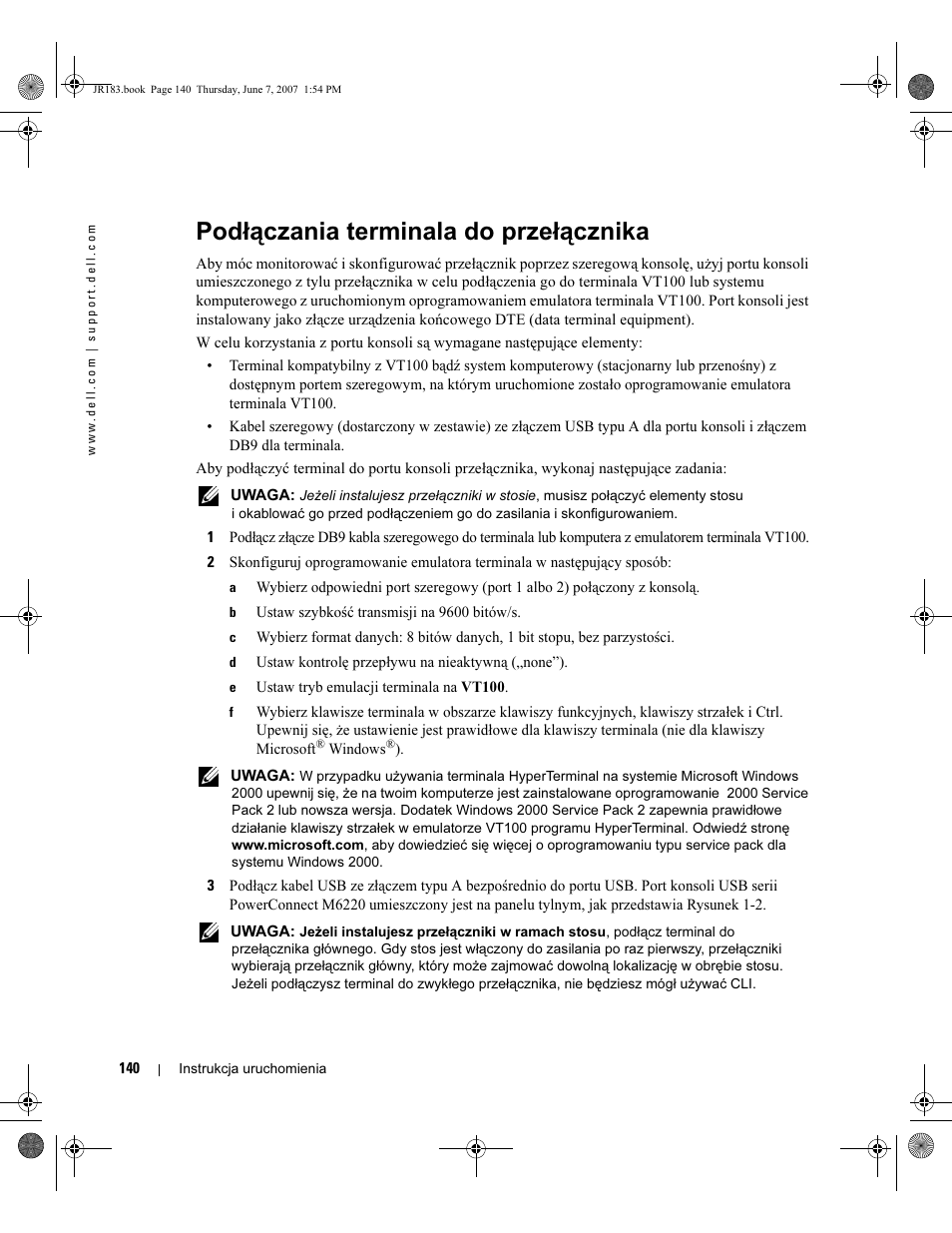 Podłączania terminala do przełącznika | Dell POWEREDGE M905 User Manual | Page 142 / 182