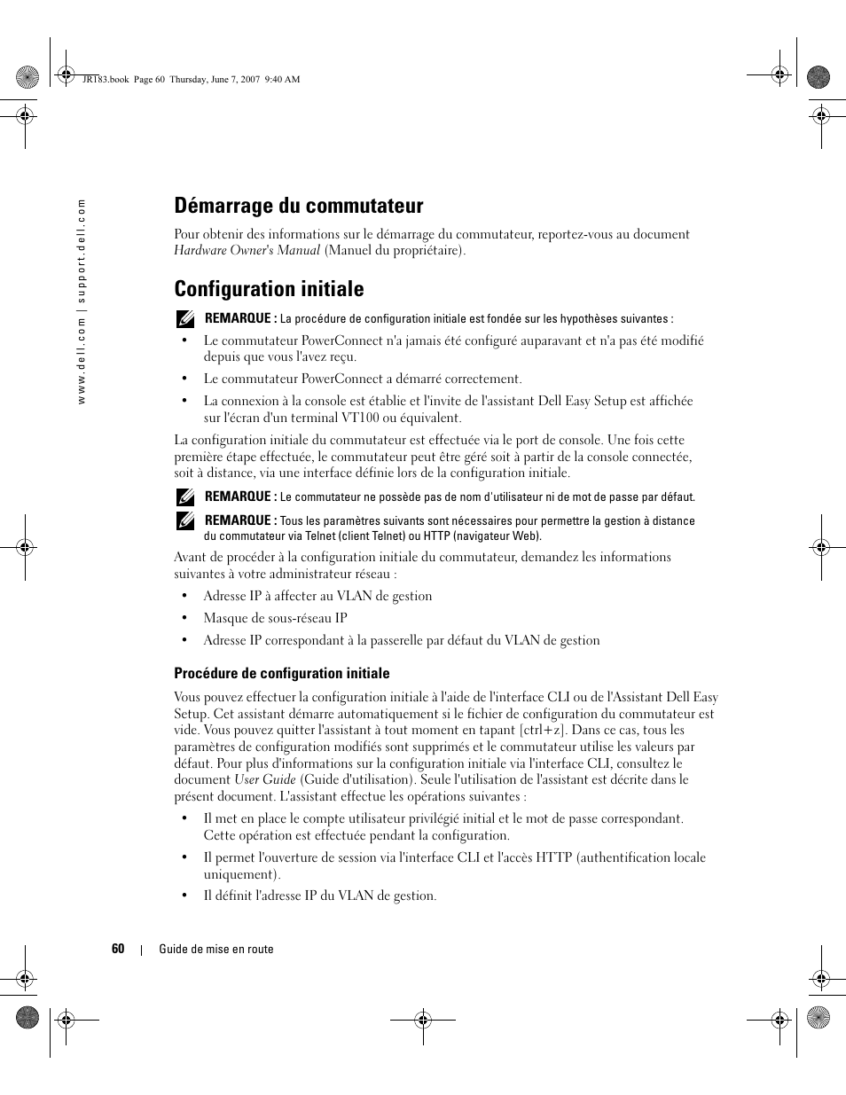 Démarrage du commutateur, Configuration initiale | Dell POWEREDGE M905 User Manual | Page 62 / 182