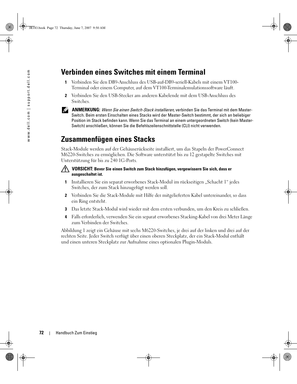 Verbinden eines switches mit einem terminal, Zusammenfügen eines stacks | Dell POWEREDGE M905 User Manual | Page 74 / 182