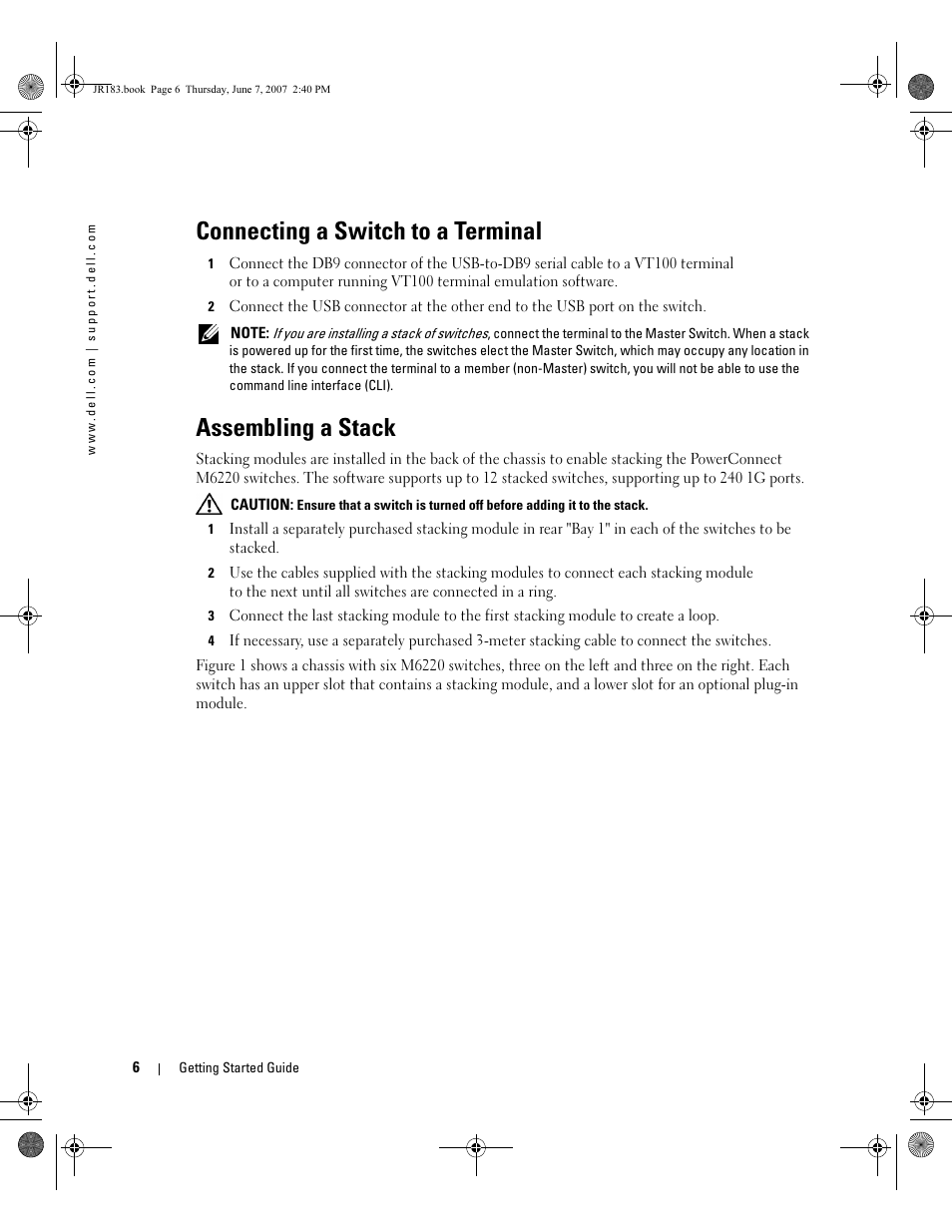 Connecting a switch to a terminal, Assembling a stack | Dell POWEREDGE M905 User Manual | Page 8 / 182