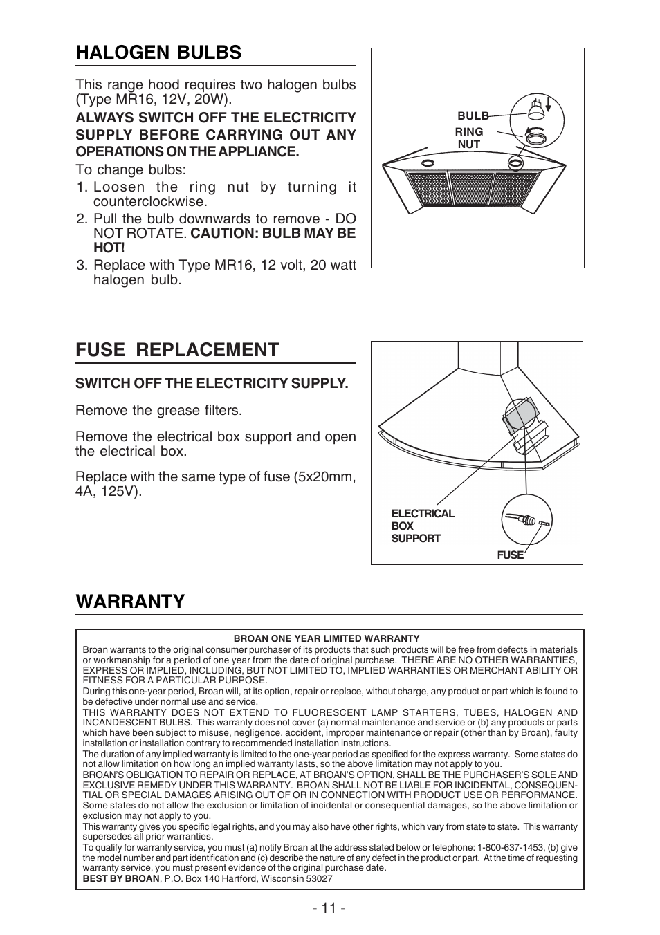 Fuse replacement, Warranty, Halogen bulbs | Best K273 User Manual | Page 11 / 36
