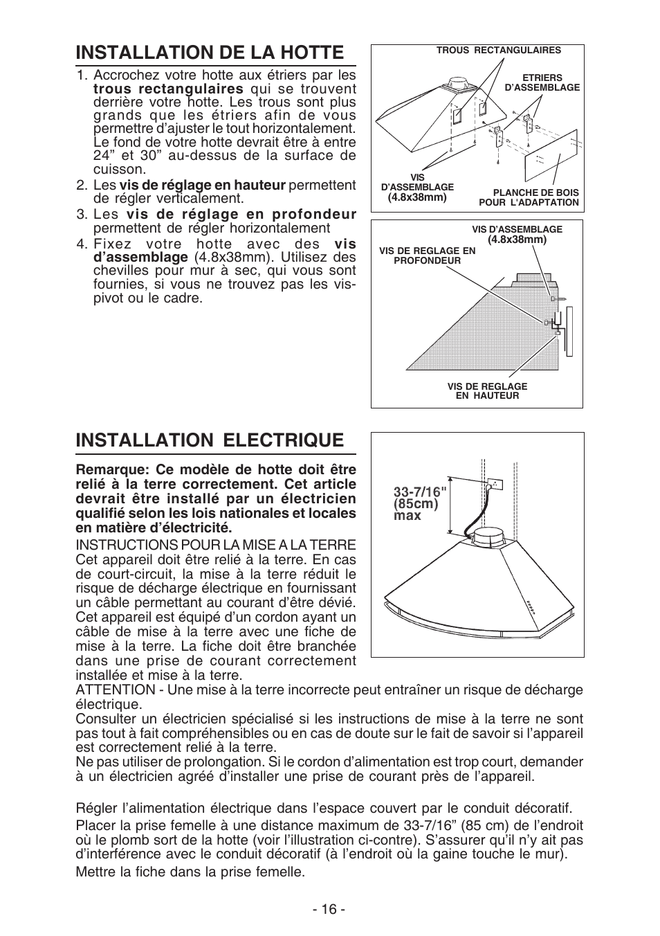 Installation de la hotte, Installation electrique | Best K273 User Manual | Page 16 / 36