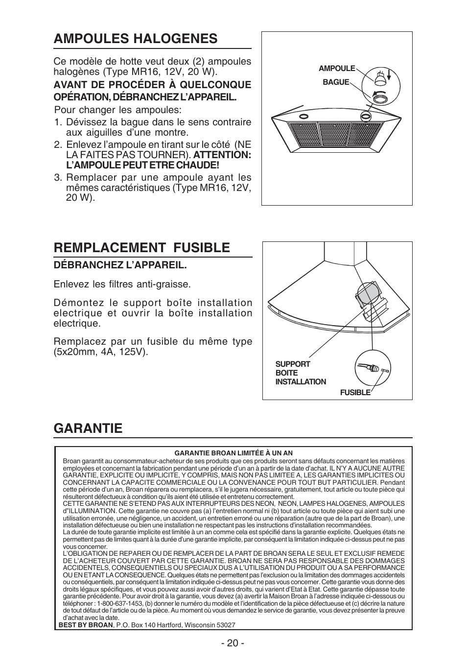 Remplacement fusible, Garantie ampoules halogenes | Best K273 User Manual | Page 20 / 36