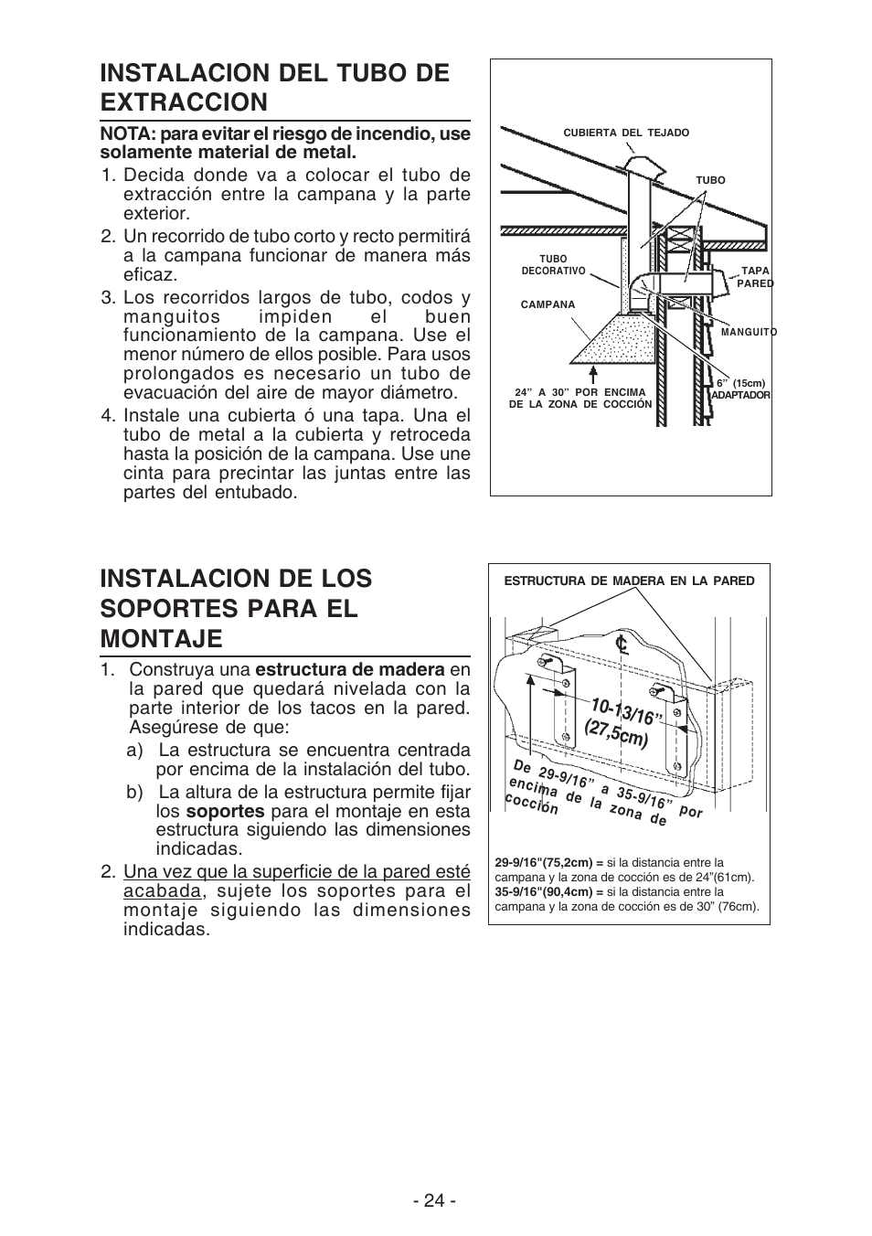 Instalacion del tubo de extraccion, Instalacion de los soportes para el montaje | Best K273 User Manual | Page 24 / 36