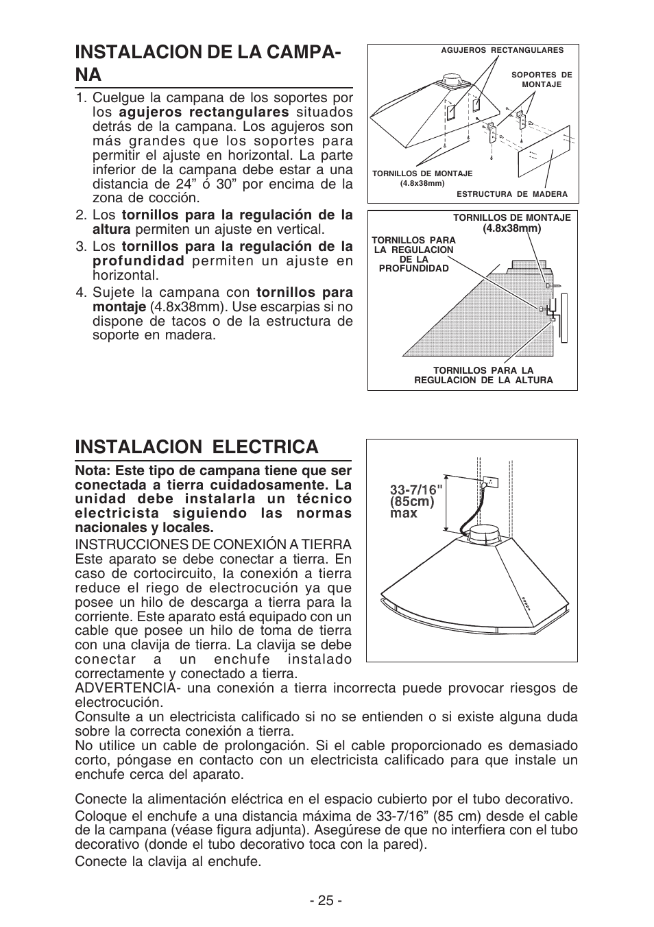 Instalacion de la campa- na, Instalacion electrica | Best K273 User Manual | Page 25 / 36