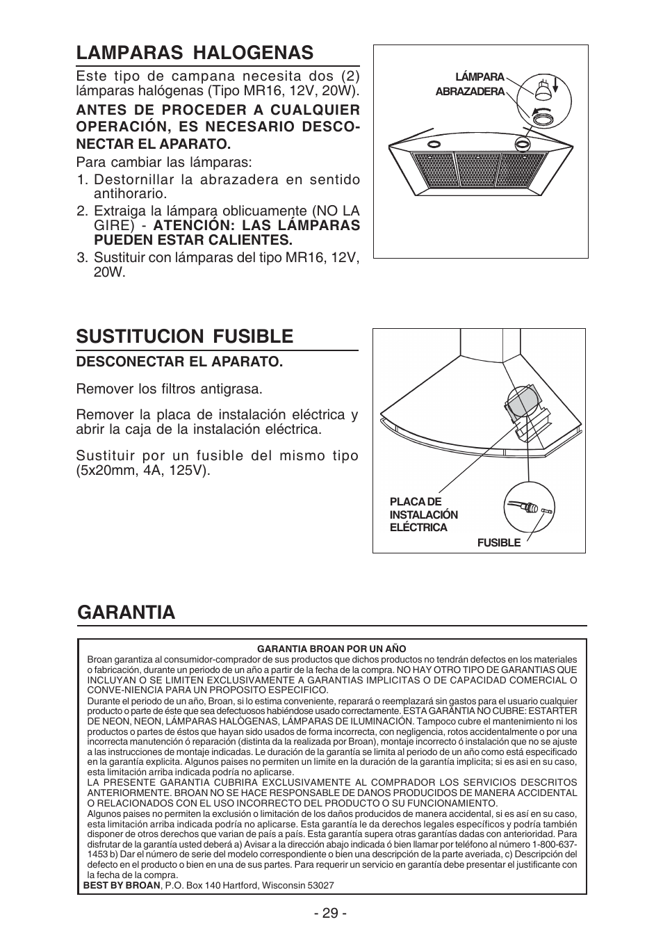 Sustitucion fusible, Garantia lamparas halogenas | Best K273 User Manual | Page 29 / 36