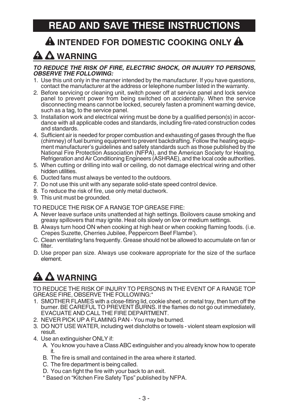 Read and save these instructions, Warning, Intended for domestic cooking only | Best K273 User Manual | Page 3 / 36