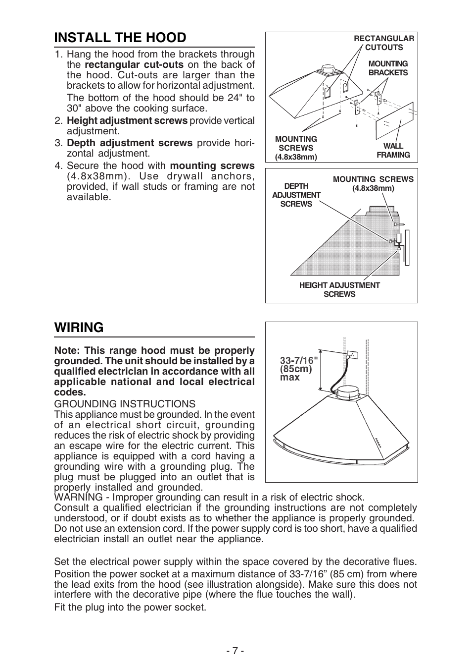 Install the hood, Wiring | Best K273 User Manual | Page 7 / 36