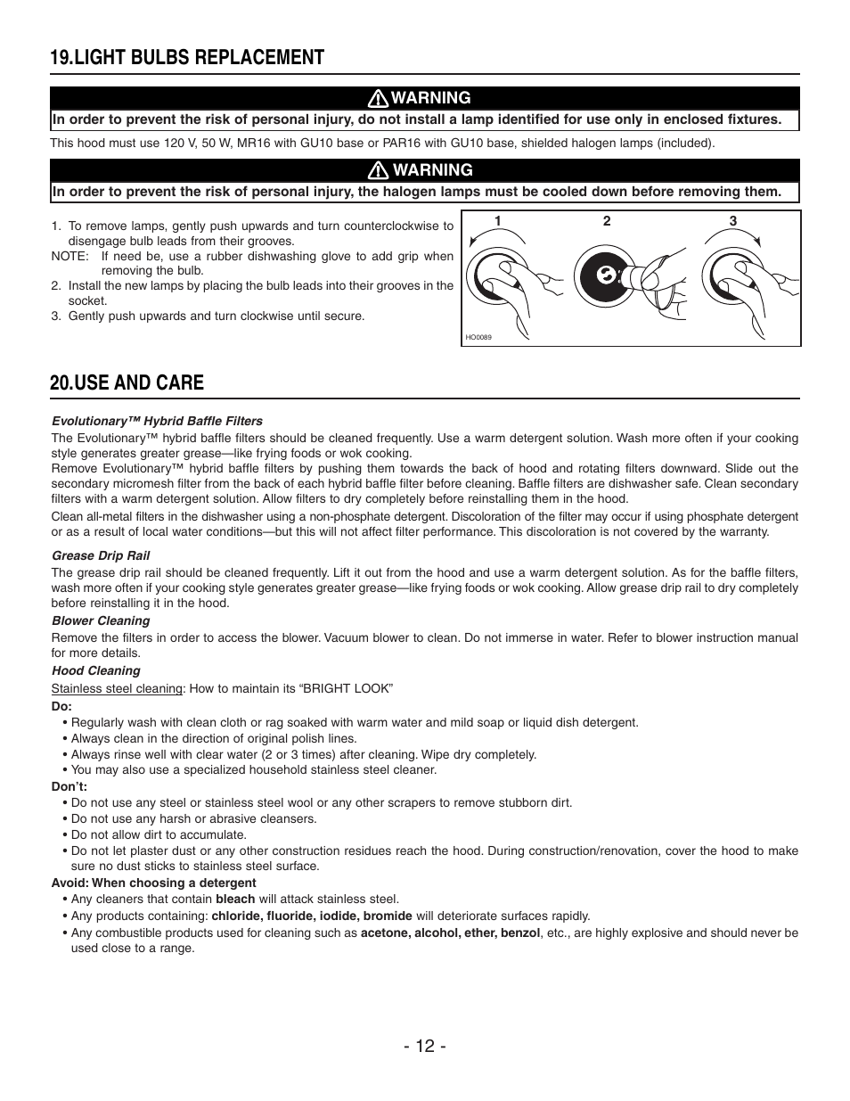 Use and care, Light bulbs replacement | Best IP29M Series User Manual | Page 12 / 16