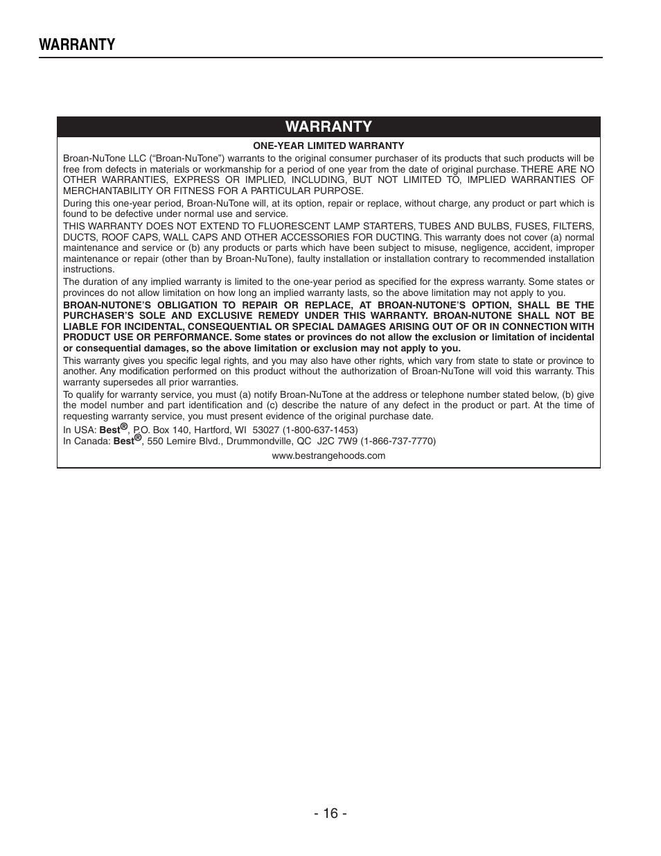 Warranty | Best IP29M Series User Manual | Page 16 / 16