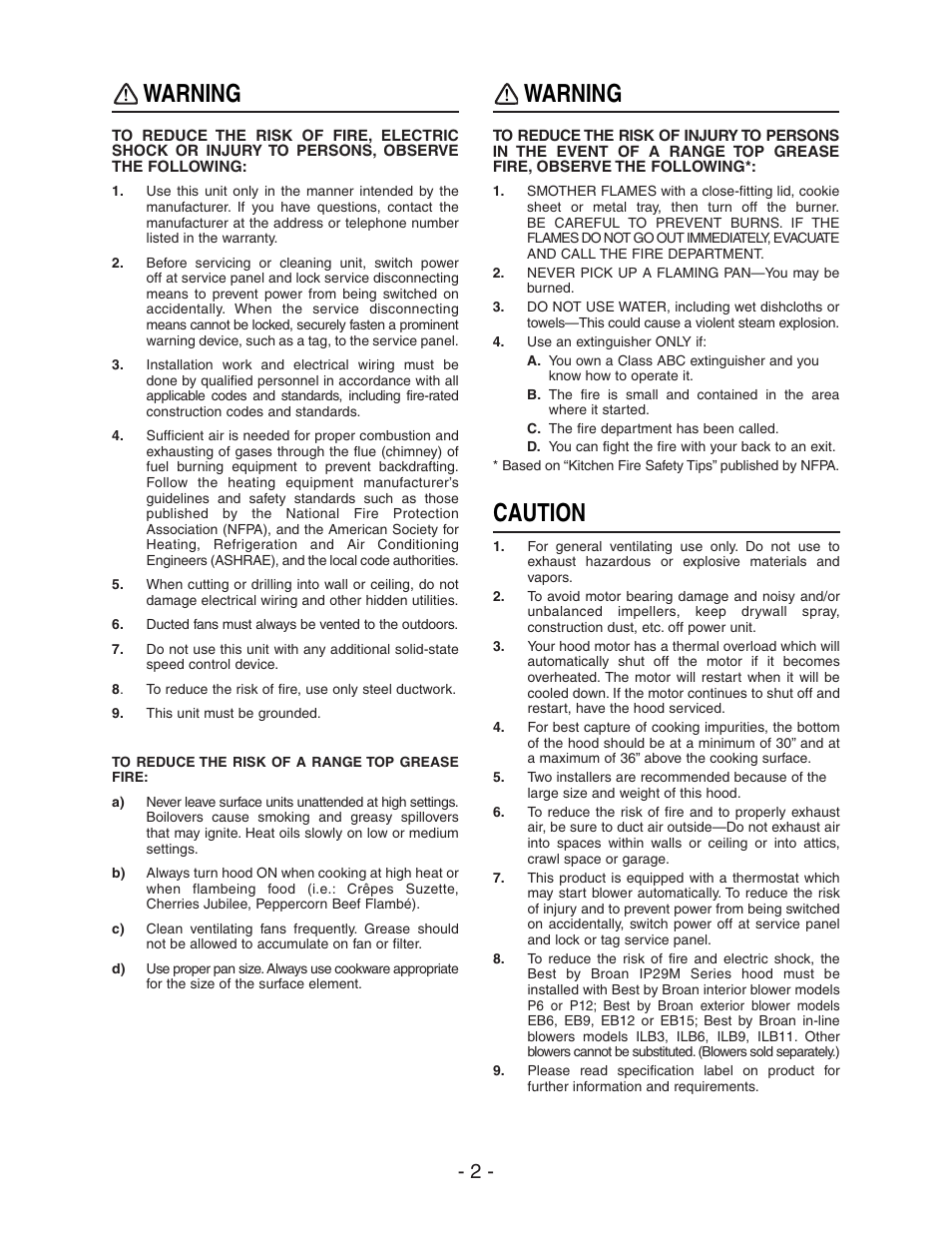 Warning, Caution | Best IP29M Series User Manual | Page 2 / 16