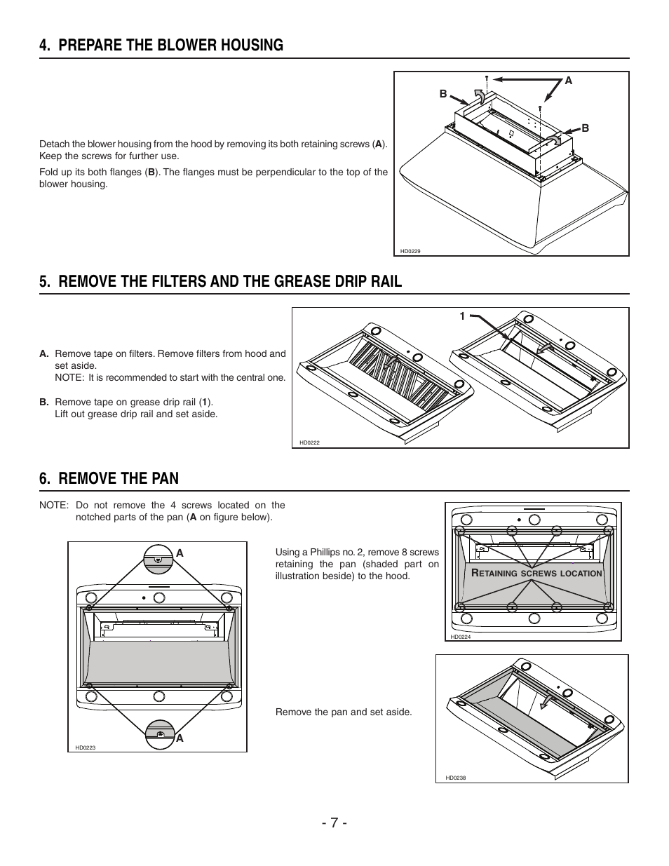 Remove the filters and the grease drip rail, Remove the pan, Prepare the blower housing | Best IP29M Series User Manual | Page 7 / 16